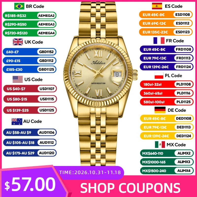 ADDIES Quartz Watch for Women 28mm 316L Stainless Steel Woman Watches 50m Waterpoof Sport BGW9 Luminous Business Wristwatch