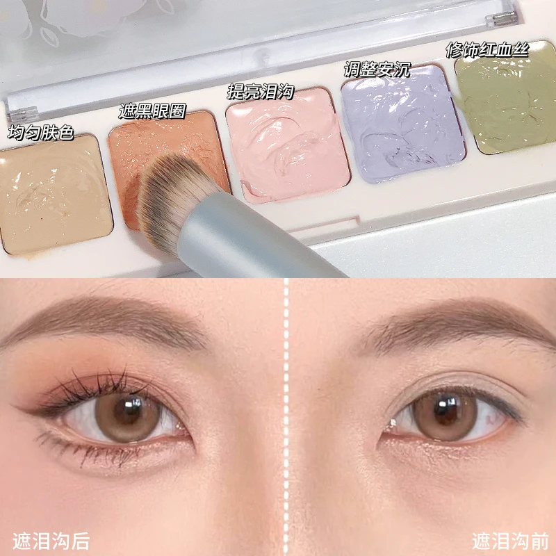 Smooth Five-Color Concealer Palette Full Coverage Waterproof Oil-Free Lightweight Concealer Makeup Brush Brighten Skin Tone