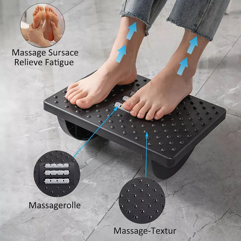 Portable Design Ergonomic Foot Rest Under Desk Adjustable Height, Tilt Angle Massage Roller Desk Leg Rest Pain Relief