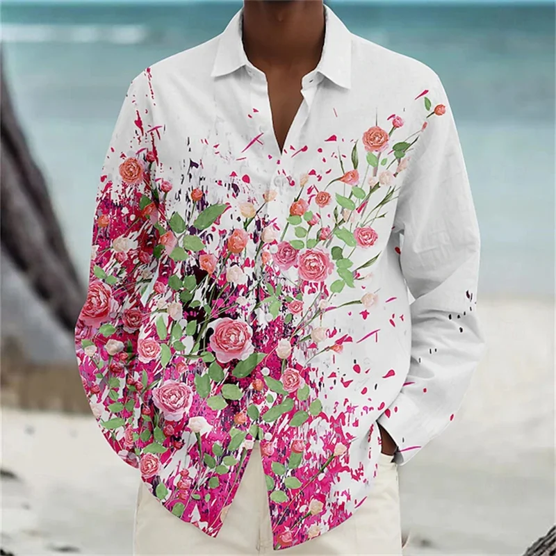 Men's Shirt, European and American Style, Loose Fit, Rose Gradient Print Design, Outdoor Casual Men's Top, Hawaiian Shirt