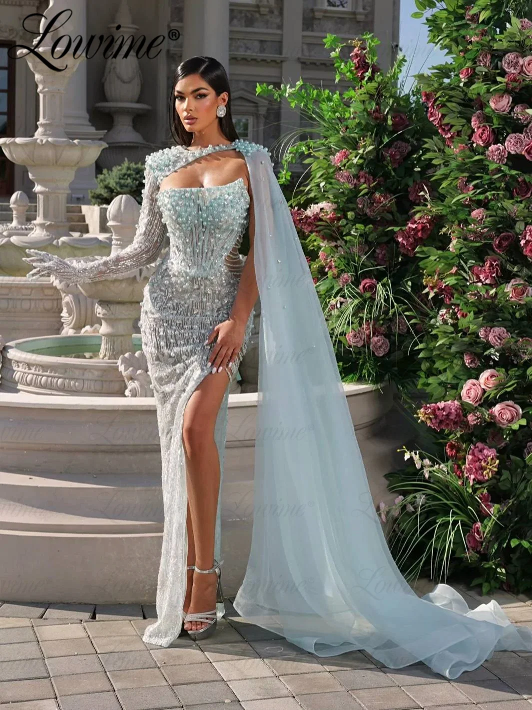 아소 에비 크리스탈 구슬 인어 무도회 원피스, 스팽글 레이스 꽃 이브닝 가운, 아랍 파티, 두 번째 피로연 생일 드레스, 2024