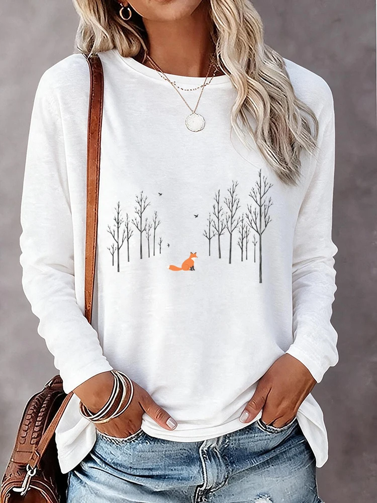 Vintage Style Y2k T Shirt Women's Long Sleeve Crew Neck Tops with The Red Fox in The Winter Forest Clothes for Outdoor Daily 90s