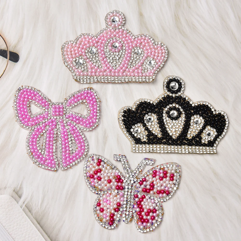 5pcs Pearl Butterfly Iron On Patches Rhinestone Applique Hotfix Diy Clothing Shoes Bags Embellishment Crown Motif