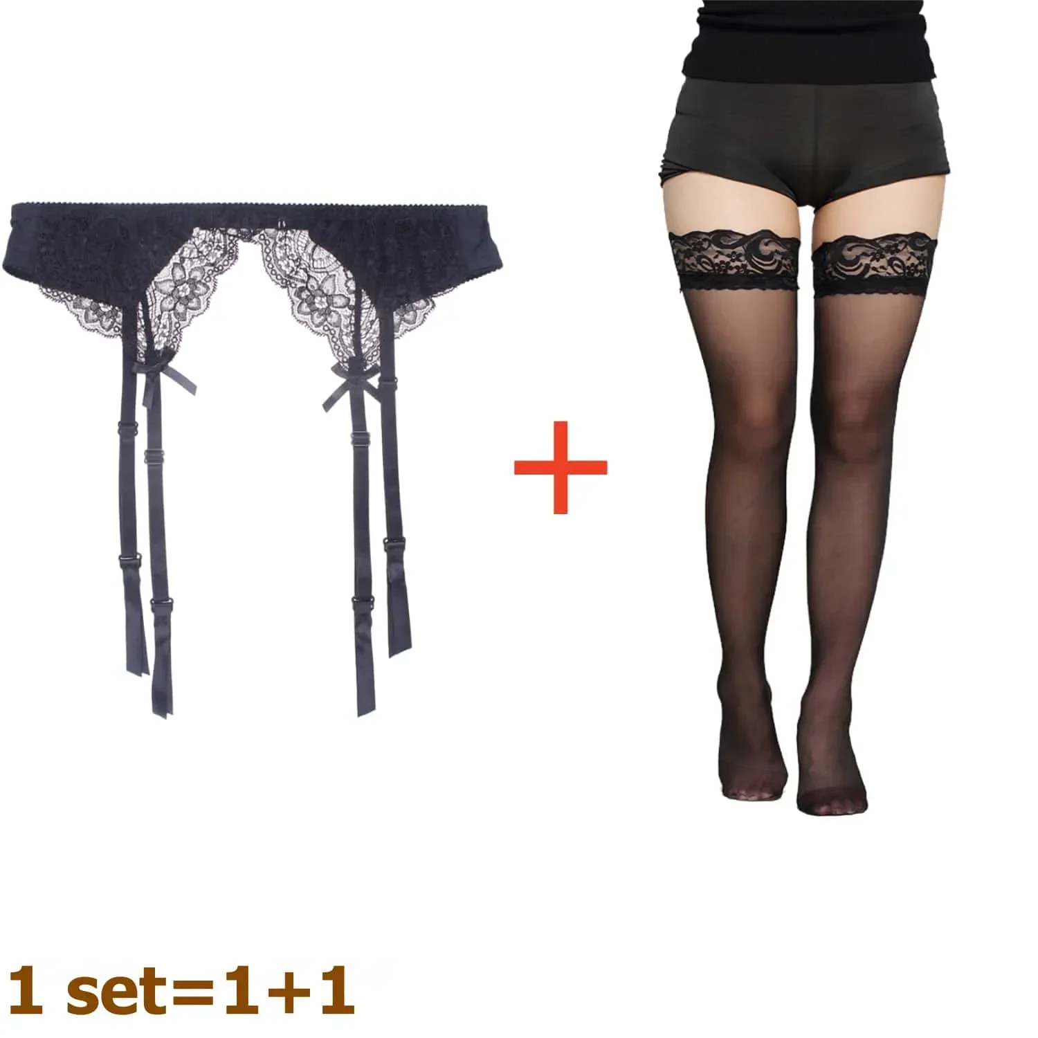 2pcs Women's Plus Size Sexy Lace Adjustable Non-slip High Waist Garter Belt One-piece Stockings with Mesh Suspender Pantyhose