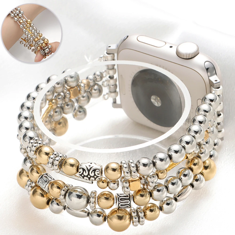 Cuprum Alloy Chic Perlen Damen Armband für Apple Watch Ultra2 49 46 45 38 40 41 42 44 mm Band für IWatch Serie 10 9 8 7 6 5 4 3