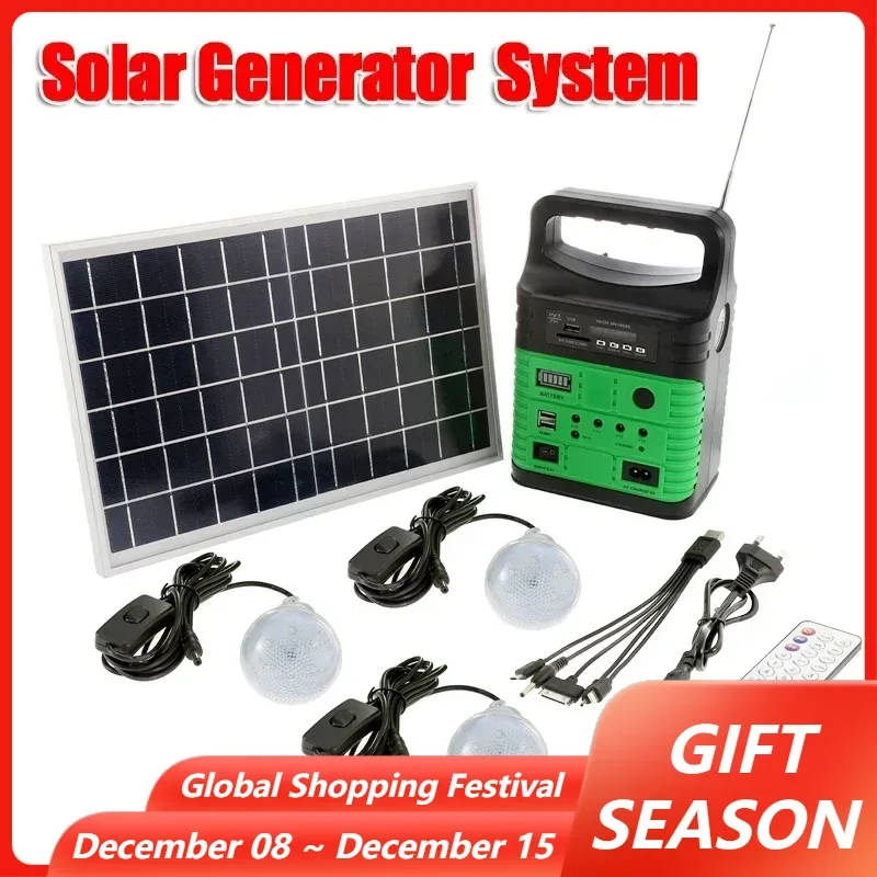 Portable Camping Solar Power Generator System Solar Panels + Radio + 3 Light Bulbs + Remote Control Outdoor Emergency Supply