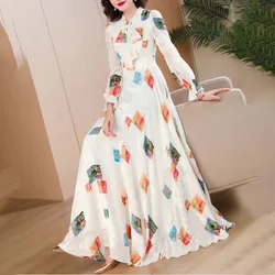 Spring Summer New Ribbon Bow Collar Printed Dress Women's Long Sleeve Mid-Length Waisted Plus Size 5XL Chiffon Large Dresses