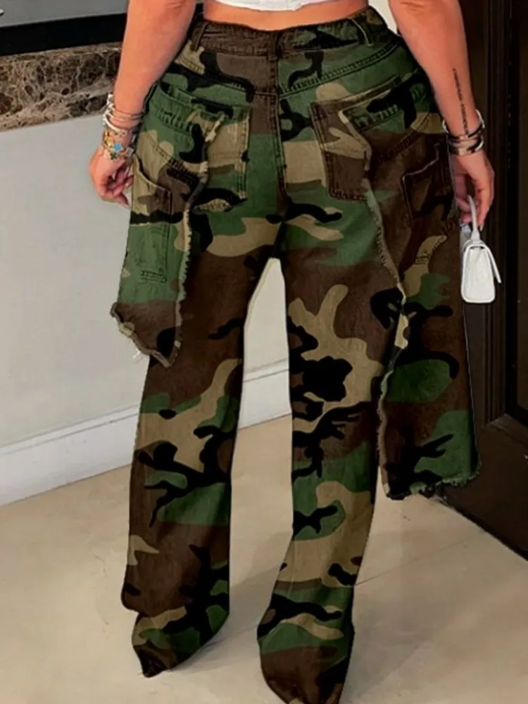 Women High Waist Camouflage Pants Hole Straight Pants Long Jeans Casual Trendy Trousers 2025 Autumn Winter New Denim Trousers