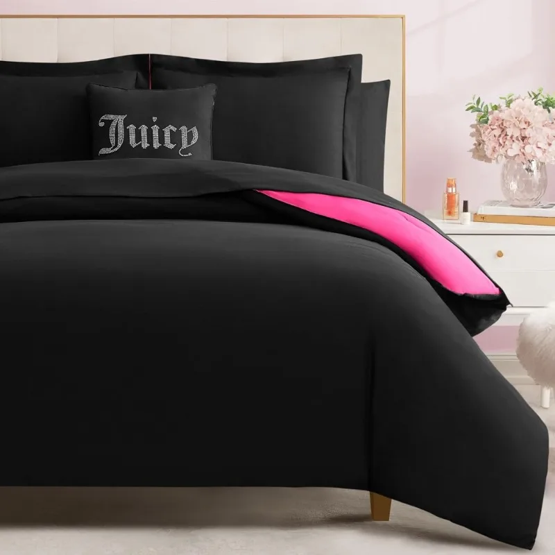 Queen Size 8-Piece Reversible Comforter Set Black and Hot Pink Bed in a Bag Complete Bedding Collection