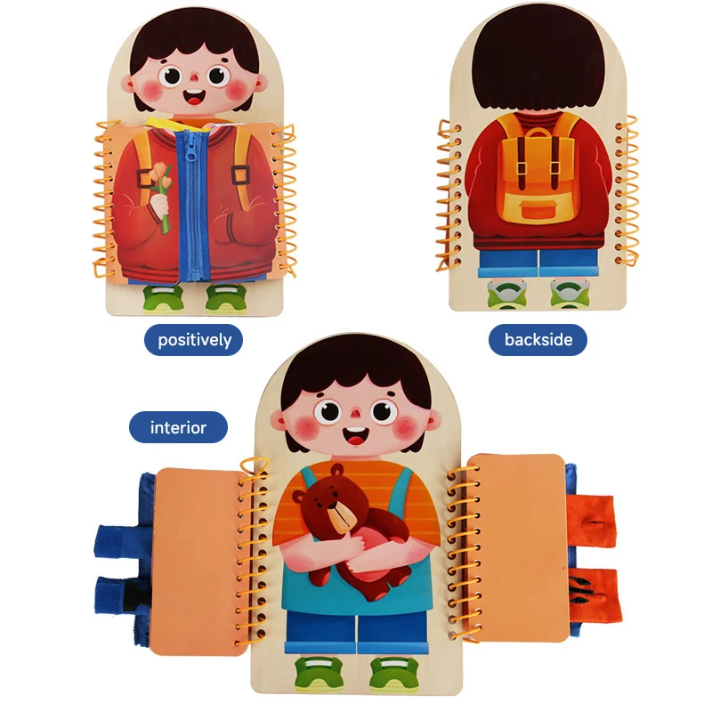 Montessori Kids Wooden Book Toys Baby Activity Board Skills Training Button Zipper Learning To Dress Basic Life Development Toys