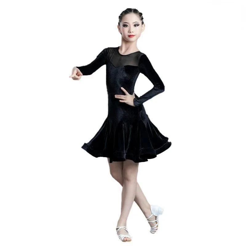 

Latin Dance Autumn and Winter Girls' High-End Professional Racing Suit Children's One-Piece Latin Performance Dancing Dress