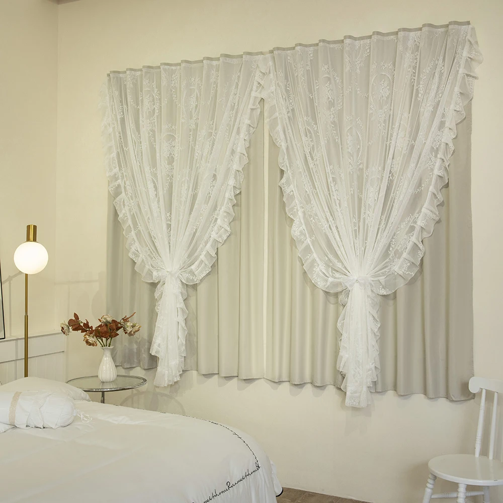 Cortina blackout de camada dupla para quarto de meninas, cortina de janela curta para porta de cozinha, renda, 100% sombreamento, tela