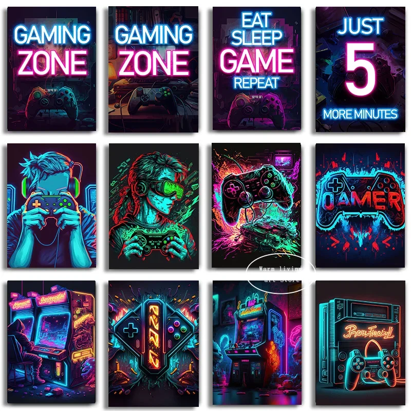 (No frame)80s Retro Neon Game Quotes Poster Boy Gaming Controller Gamer Zone Room Eat Sleep Game Repeat Canvas Painting Home