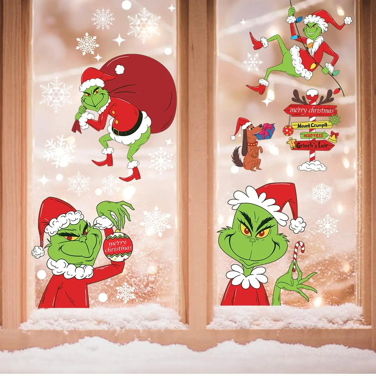 9 أوراق ملصقات نافذة Grinch للزجاج عيد الميلاد على الوجهين ديكور عيد الميلاد ملصقات نافذة لتزيين مكتب المدرسة المنزلية