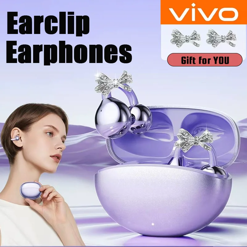 

Беспроводные Bluetooth-наушники Vivo с открытым ухом, клипсовые наушники с отсоединяемыми серьгами-бантиками с кристаллами для занятий спортом и фитнесом
