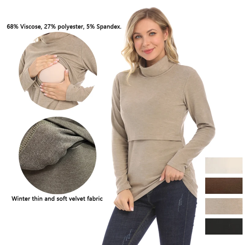 Double Layer Nursing Maternity Tunic Cowl Neck Long Sleeve Lift Feeding Soft Warm Velvet Fabric Pregnant Women Slim Fit Base Tee