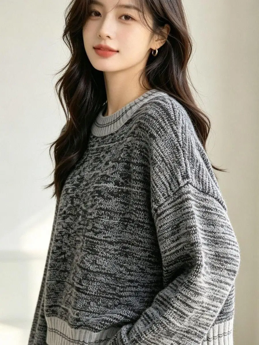 Retro Gradient Color Short Striped Sweater Women's Autumn Winter New Knitted Loose Long Sleeve Top Trendy Comfortable Knitwear