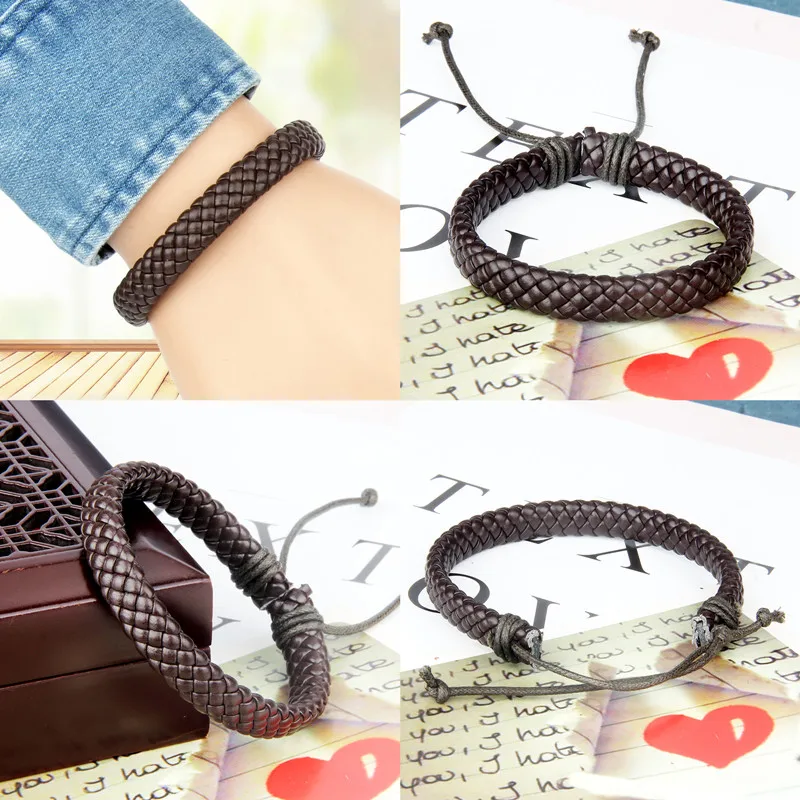 1Pcs Punk Black/Brown/White/Yellow Braided Leather Bracelet Bangle Male Accessories Homme Jewelry Black Color Leather Bracelets