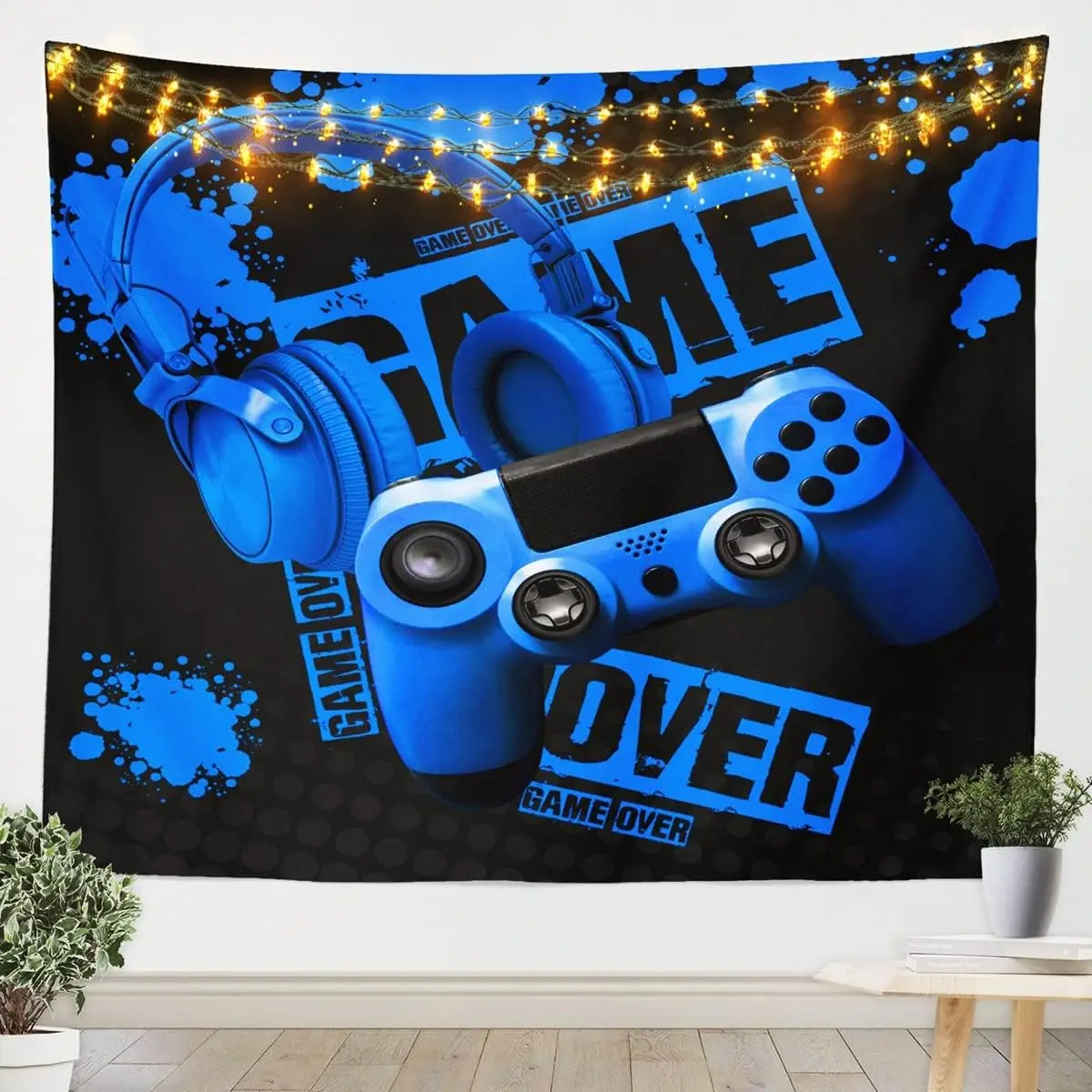 Gaming Tapestry Boys Teens Gamer Wall Hanging Video Game Wall Blanket for Girls Children Kids Blue Black Bedroom Decor Headset