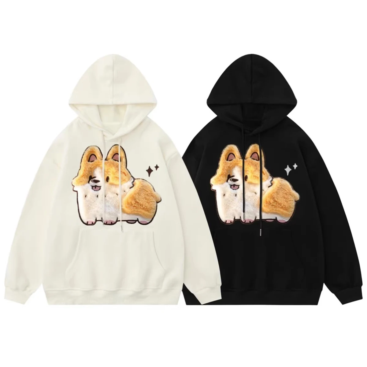 Autumn Winter Cartoon Corgi Dog Embroidery Pullover Women Sweatshirt Hoodie Streetwear Couples Top Clothes Casual Hooded Coat