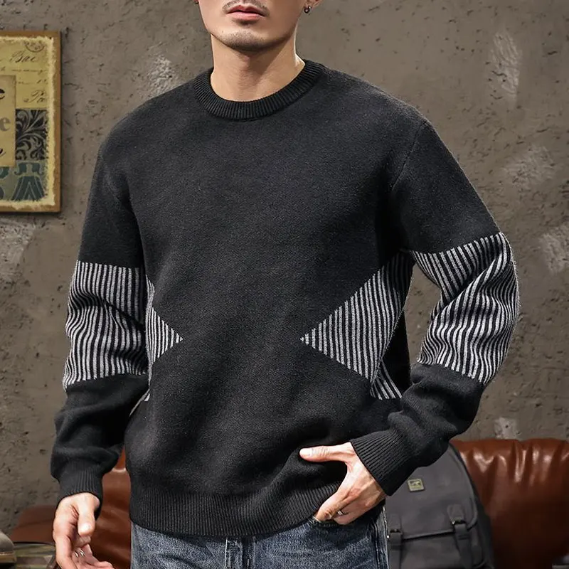 

Men's Clothing Striped Sweaters Stylish Spliced Casual O-Neck Autumn Winter Basic Loose Long Sleeve Vintage Knitted Pullovers