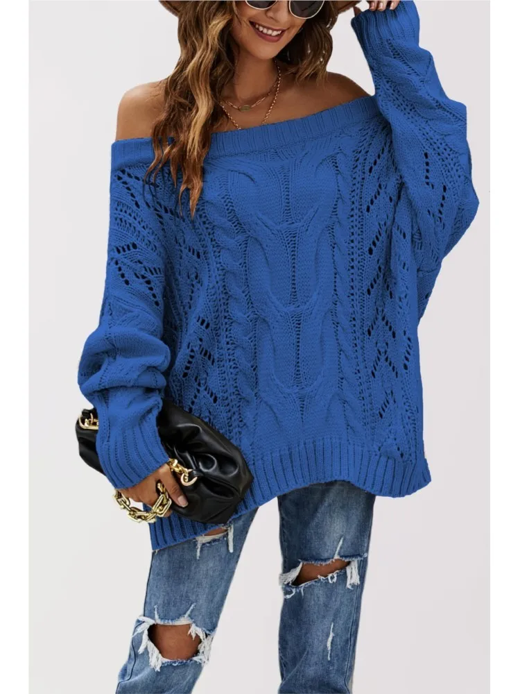 เสื้อไหมพรมถักทรงหลวมแบบเปิดไหล่ สไตล์ฤดูใบไม้ร่วงและฤดูหนาว ดีไซน์ใหม่สำหรับผู้หญิง คอเสื้อทรงเอ สีพื้น เรียบหรู