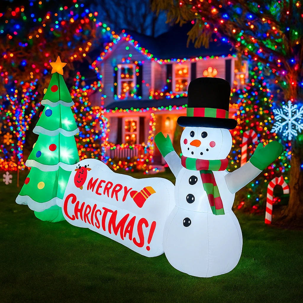 9.  8 stóp Świąteczne Dekoracje Nadmuchiwany Bałwan i Choinka Zabawki Ozdoby do Domu i Ogrodu z Dekoracją LED Artykuły Świąteczne na Zewnątrz