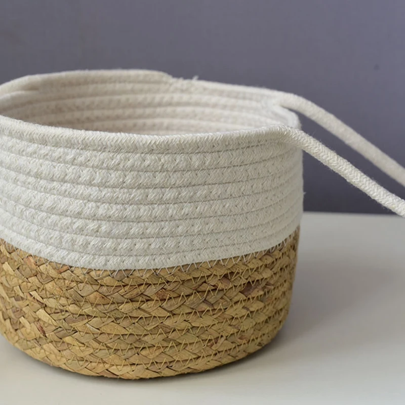 Cesta De Pendurado De Palha Redonda, Suporte De Flores, Decoração De Panela, Corda De Algodão, Tecido