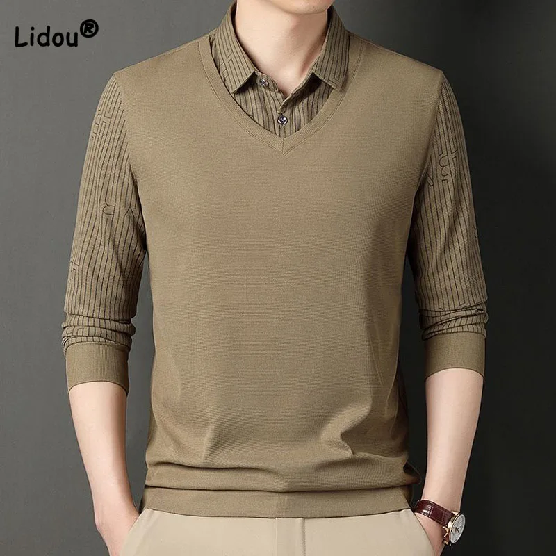 Business Office Casual Fake Two Pieces Polo-Neck Shirt Autumn Winter Male Clothes Fashion Long Sleeve Patchwork Tops for Men