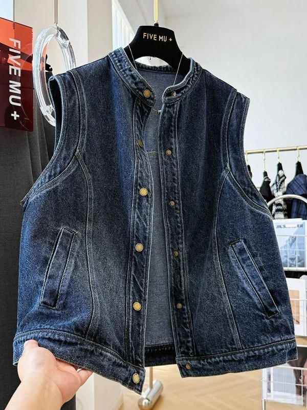 

plus Size 300 Pou Design Sense Loose Small Stand Collar Denim Vest Women's Versatile Student Jaet Autumn 2