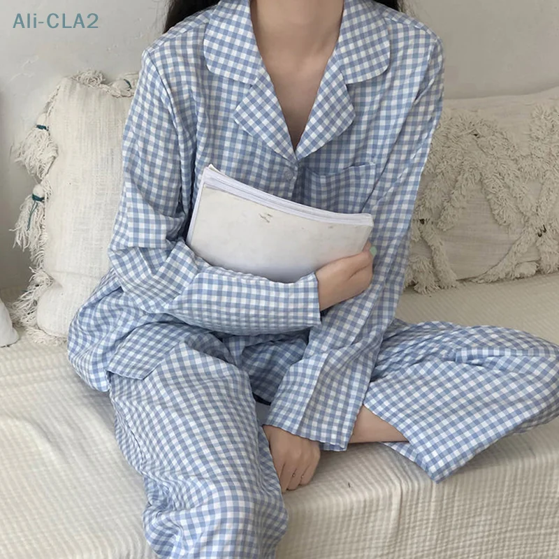 New Pajamas Ladies Long-sleeved Trousers Cardigan Plaid Sweet Casual Home Service Women\'s Pajamas Set Girls Sleepwear