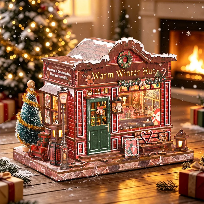 Wooden DIY Book Nook Warm Winter Hut Mini House Kit Christmas Snow Scene Micro‑Landscape Handmade Assembly Model