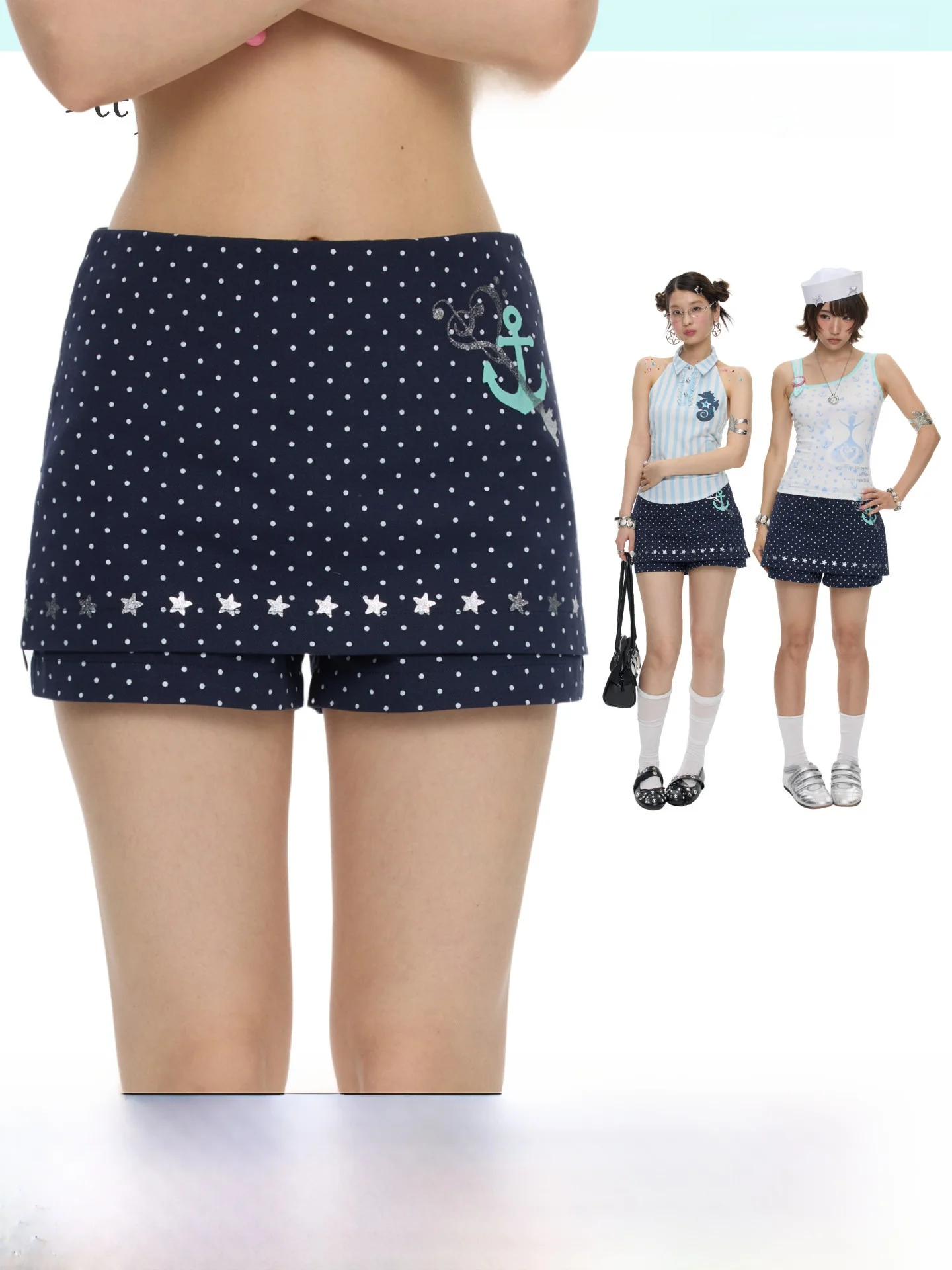 

Summer Deep Blue Polka Dot Print Skirt Pants Half Skirt Shorts Versatile Slimming High Waist Cotton Commute Style Women's Fas...
