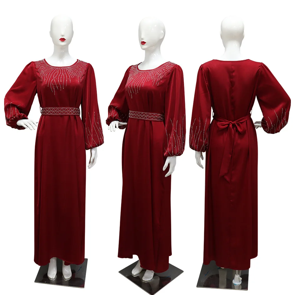 Robe de soirée de luxe pour femmes, tenue longue en diamant de dubaï avec ceinture, pour Ramadan, élégante, musulmane, Eid, caftan marocain