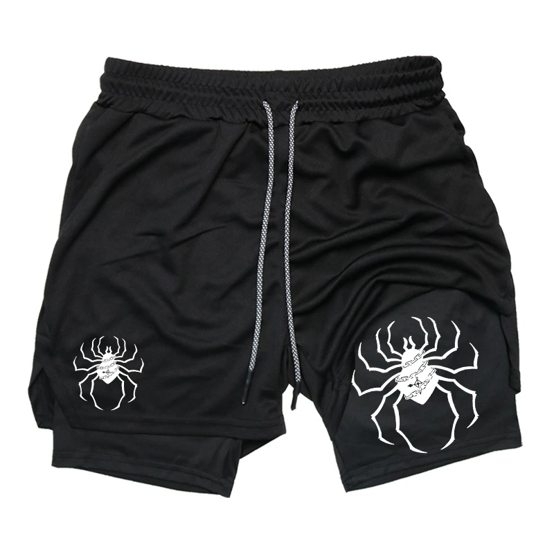 Spider Print 2 in 1 Performance Shorts for Men Gym Workout Running Shorts with Phone Pockets Towel Loop Athletic Activewear