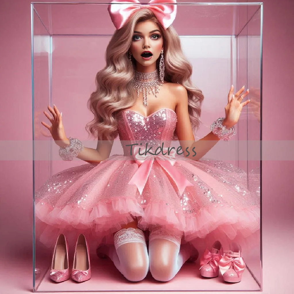 

Shiny Barbie Pink Prom Dress Sparkly Mini Short Sequin Evening Dress Cosplay Anime Birthday Formal Party Dress 2025 Customized