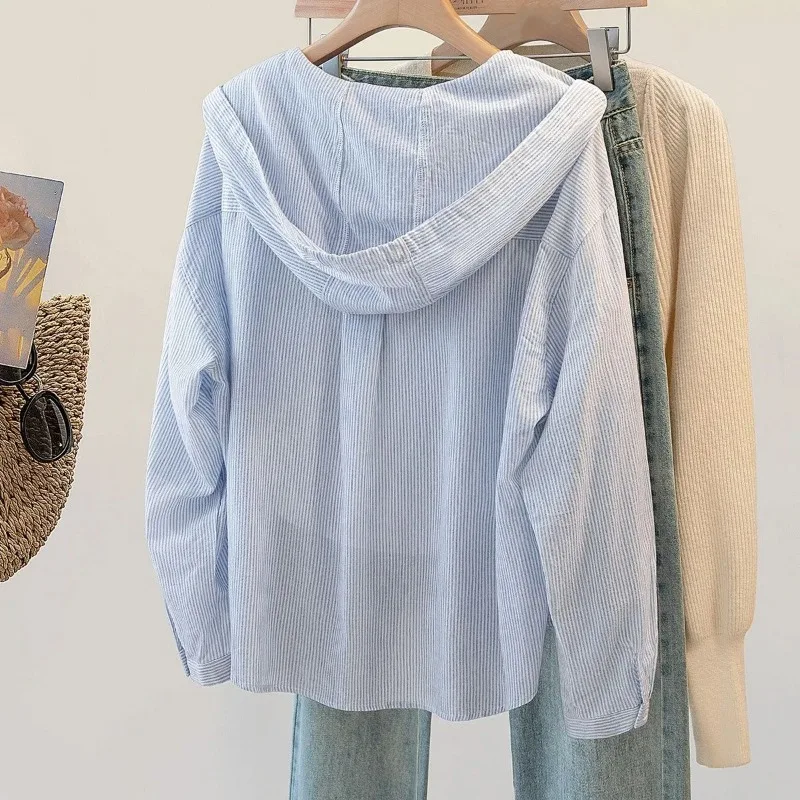 Womens Korean Style Striped Hooded Shirt Long Sleeve Casual Sun Protection Jacket
