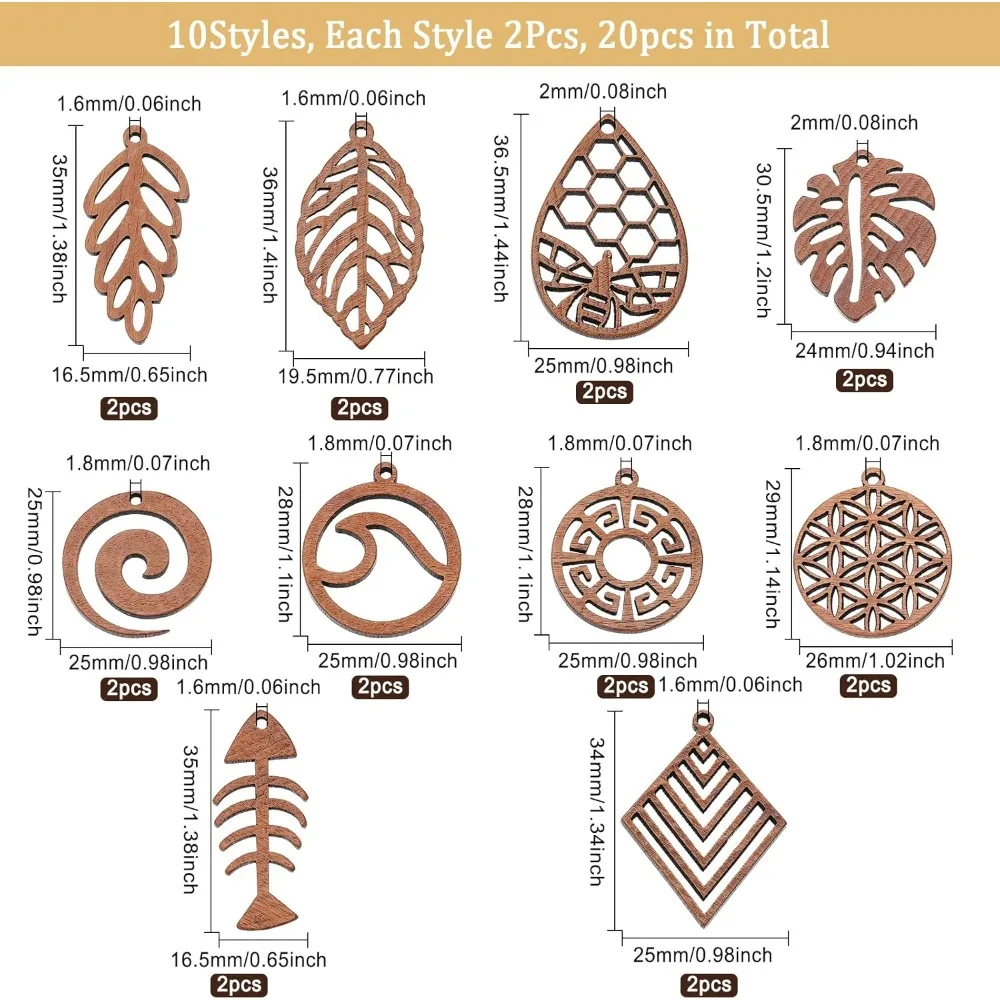 20Pcs 10 Styles Natural Walnut Wood Earring Charms Undyed Wood Pendants Hollow Leaf Flower Wood Charms for Earring Jewelry