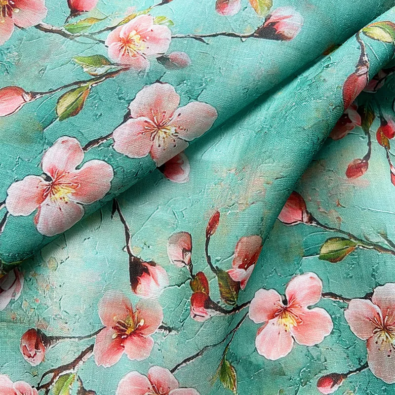 L100cm X W140cm Ramie Fabric Green Peach Blossom Print Summer Floral Qipao Hanfu Dress Shirt Handmade Sewing DIY Craft Material