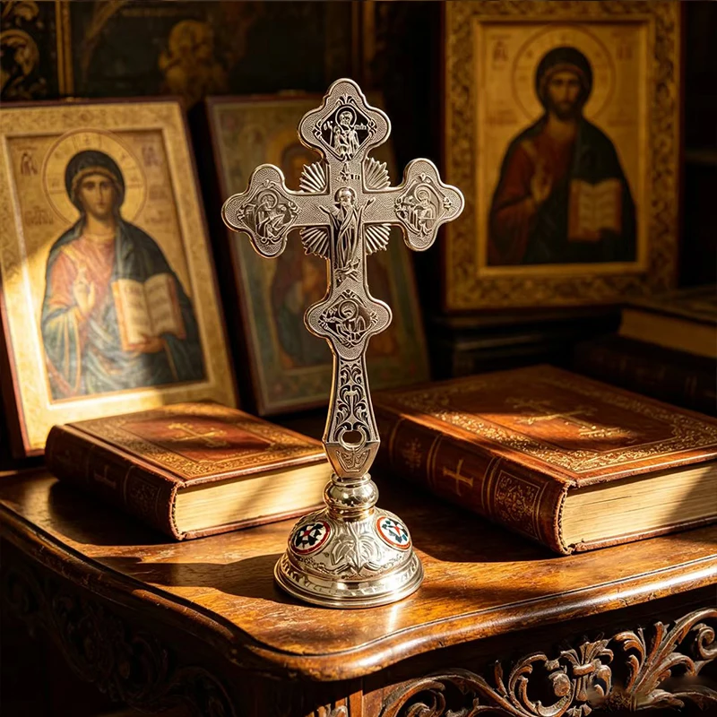 Silver Plated Catholic Orthodox Standing Blessing Cross with Icons for Church Liturgy Home Altar Prayer Devotion Christian Gift