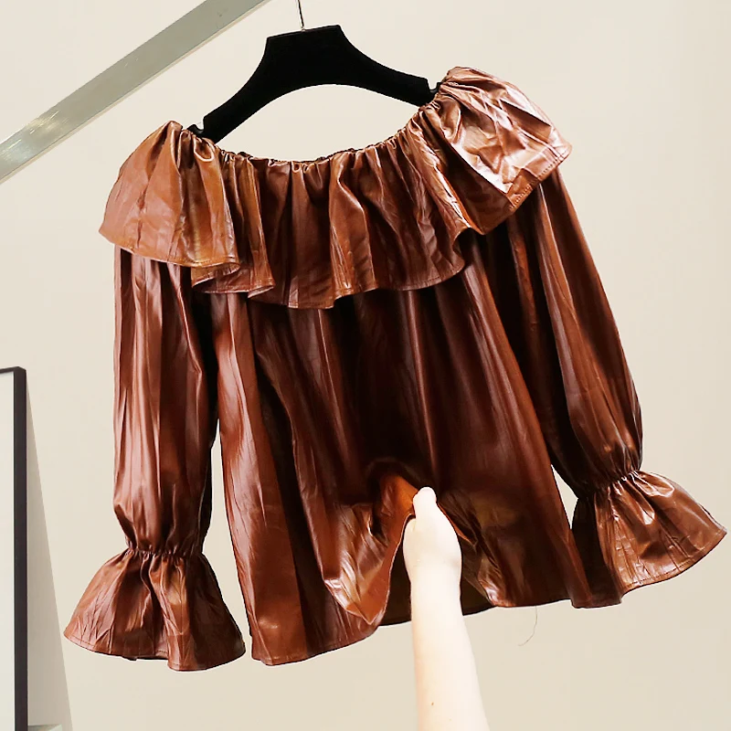 

Новая модная блузка с кружевной отделкой на одно плечо, свободного кроя, с длинным рукавом, для повседневной носки, укороченная