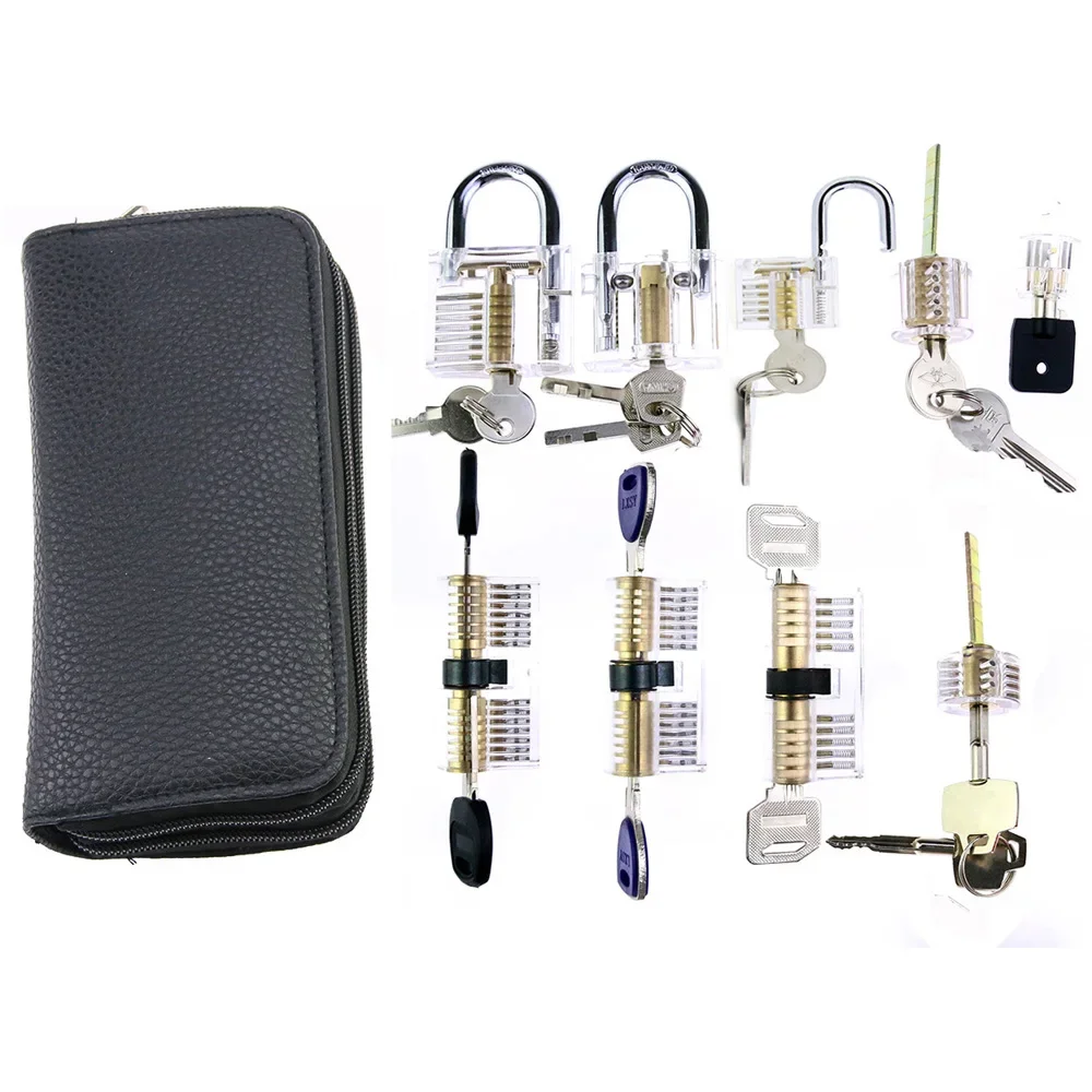 10 in 1 Lock Practice Set Pick Broken Key Remove Set with 9pcs Crystal Lock,Lock Gun,24pcs Bag Professional Lock Locksmith Tool