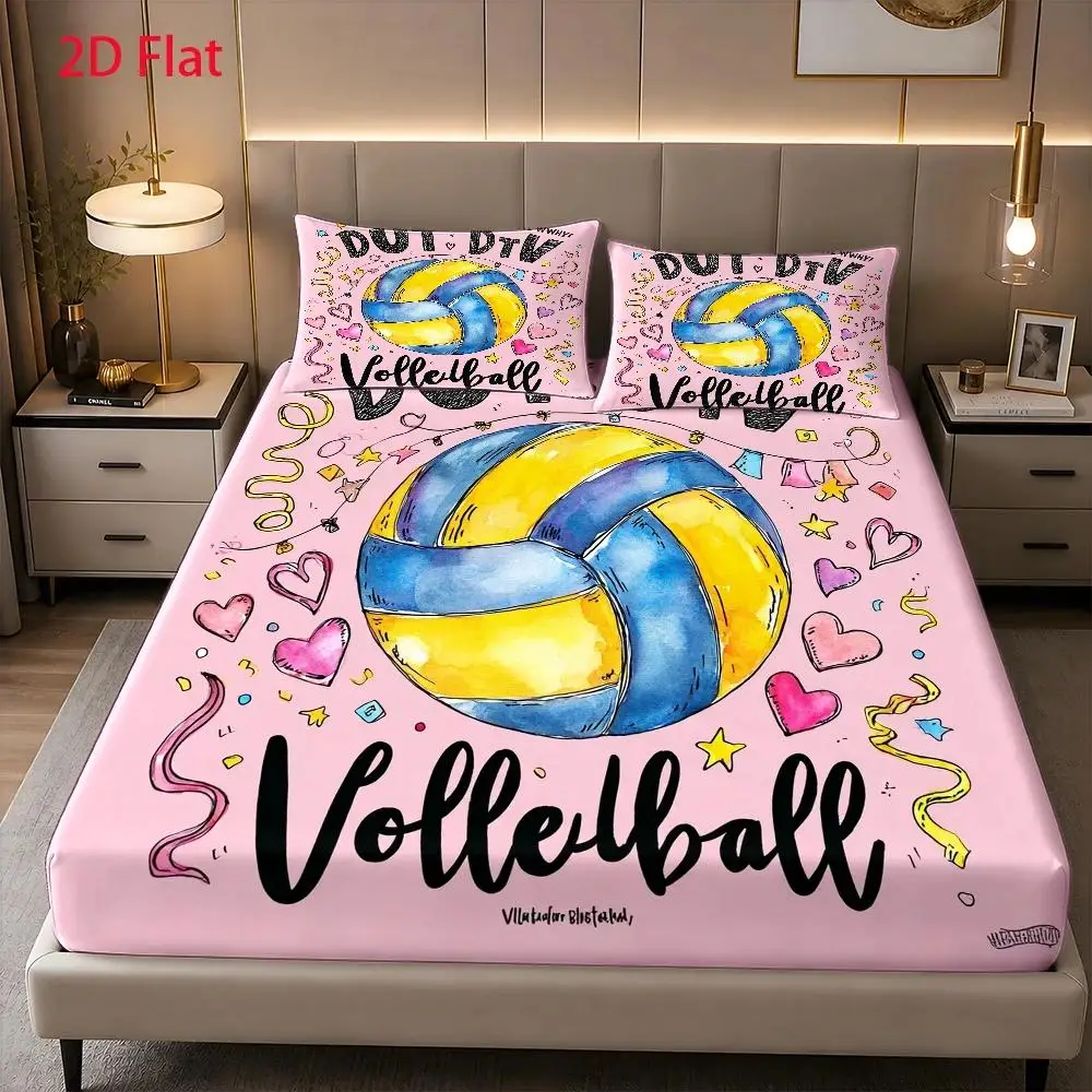 3-Piece Mattress Protector Set, 2D Flat Printed Fitted Sheet, Volleyball-Themed Pattern, Hand-Painted Style, Sports Festival, Home Bedroom Decoration, Holiday Fitted Sheet and Pillowcase, Mattress Protector, Stain-Resistant, Mattress Cover, Suitable for All Seasons, Machine Washable, Easy to Care For, Universal for Home Bedroom, Essential for Dorms and Rentals, Master Bedroom and Guest Room Decoration, Dust-Proof and Stain-Resistant, High Elasticity, Fits Various Sizes