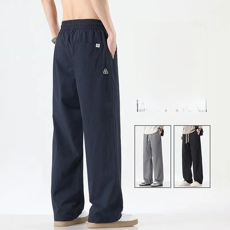 Ice Silk Thin Sport Pants Men Summer Cool Feeling Black Commuting Long Pants Loose Waist Youth American Style Pants