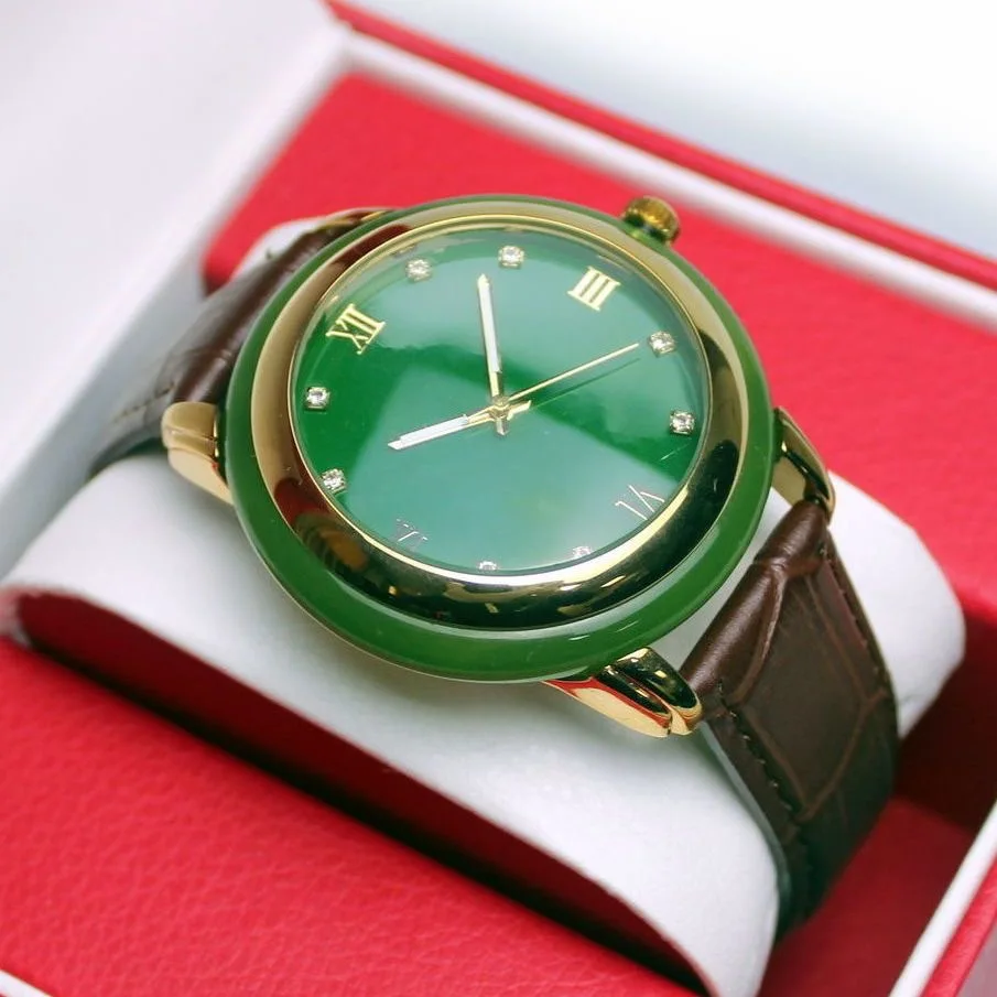 高級カップルグリーンジェイド腕時計-メンズ-レディース-ゴールドトーンケース-ブラックブラウンレザーストラップ-ダイヤモンド象嵌-クォーツ腕時計-ギフト用
