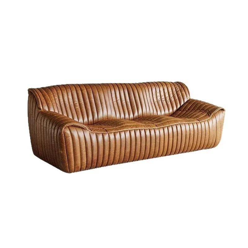 Medieval leather sofa wavy sofa American oil wax leather inline three-seat retro leather sofa