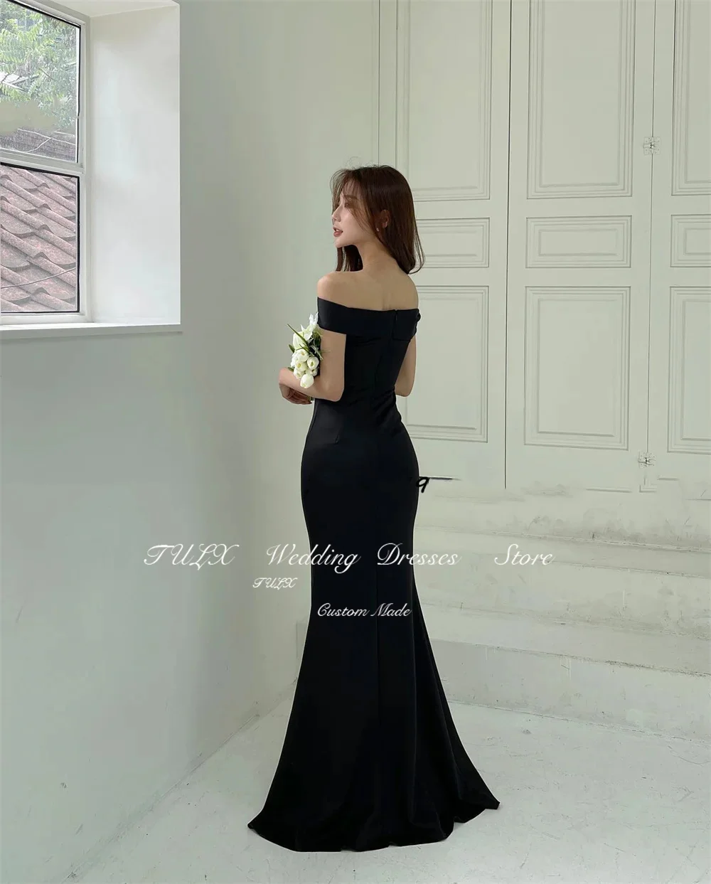 TULX Elegant Off Shoulder Slit Korea Evening Dress Custom Made Outdoor Black Wedding Formal Prom Dress Floor Length Evening Gown