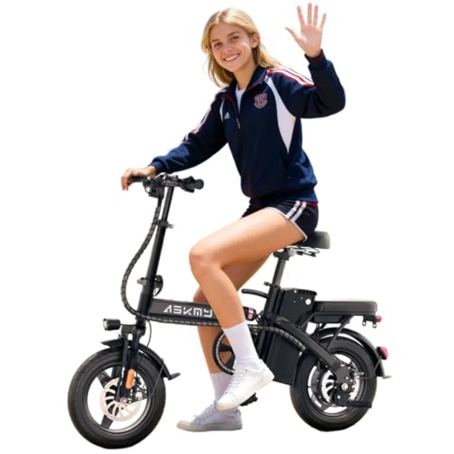 Foldable electric bike for urban commuting: aluminum alloy frame, matte black finish, compact 14-inch wheels, 500W peak motor,