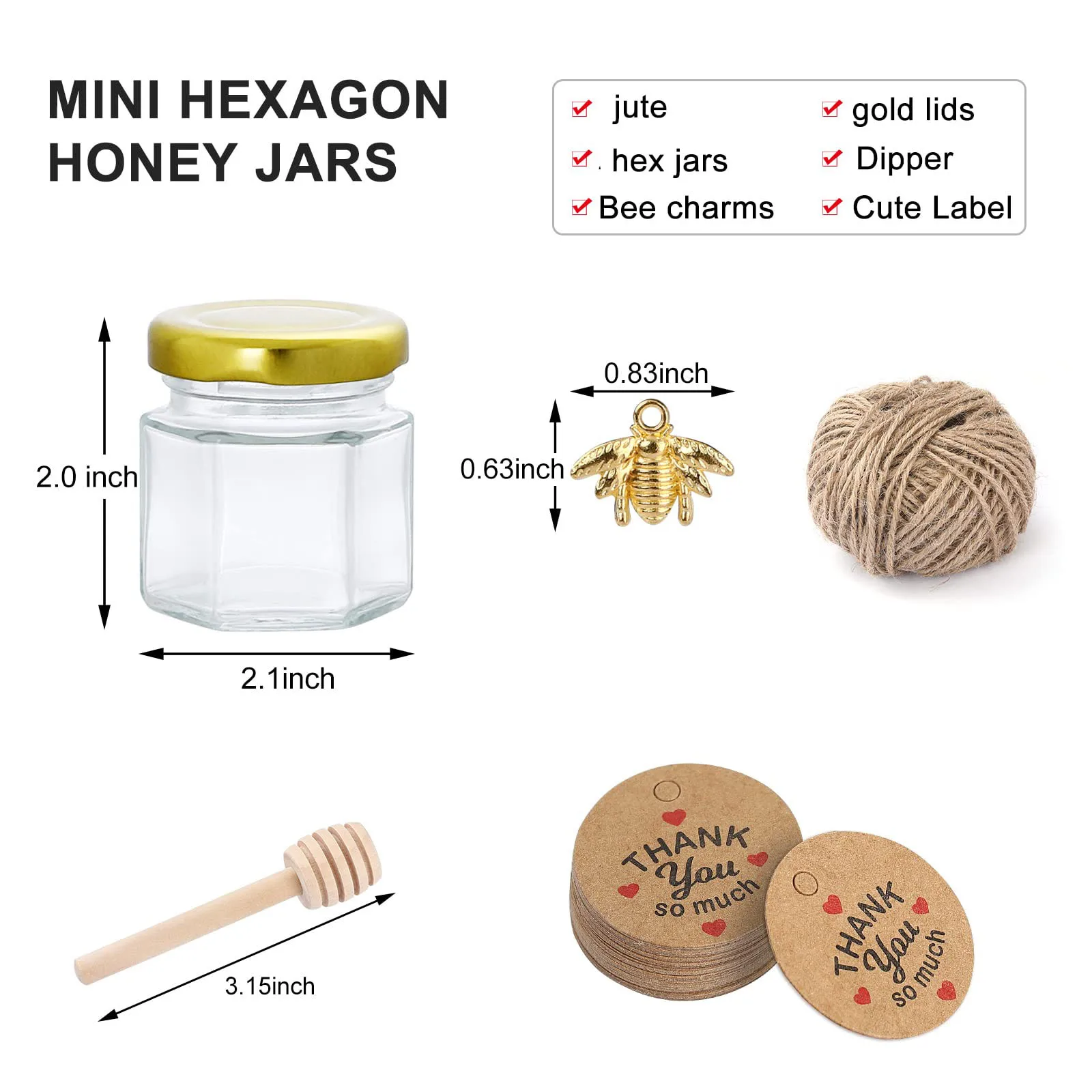 Mini Hexagonal Glass Honey Jar, Small Honey Jar with Honey Stick, Bee Charm, Thank You Card, 1.5oz-60PCs