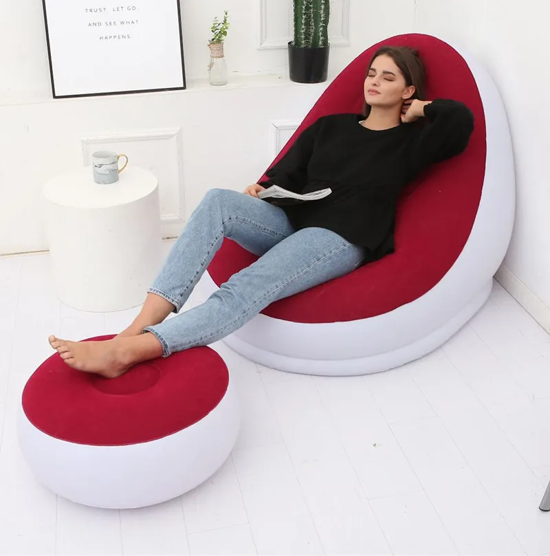 

Lazy Garden Chair Travel Camp Sofas Inflatable Foldable Recliner Outdoor Sofa Bed with Stirrups Flocked Velvet Sofa Chair